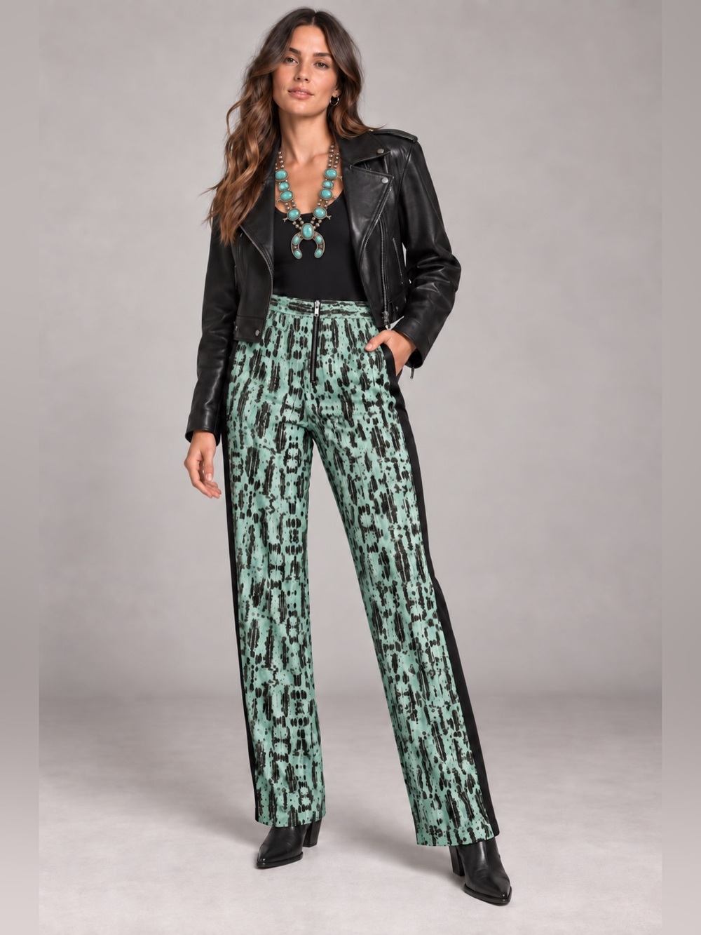 BCBGMaxAzria Green and Black Patterned Trousers